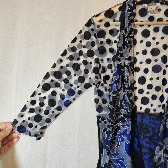 Anis A Cardigan Women Medium Black Blue 3/4 Sleeve Ruffle Fitted Sheer Boho - Picture 5 of 10